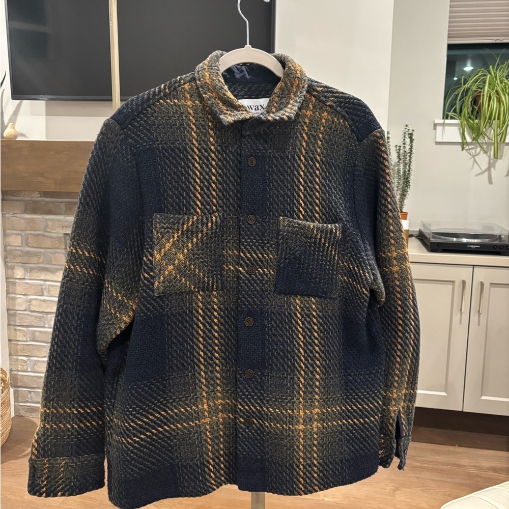 Wax London Overshirt - Plaid Men's Jacket in Navy and Orange -size Large